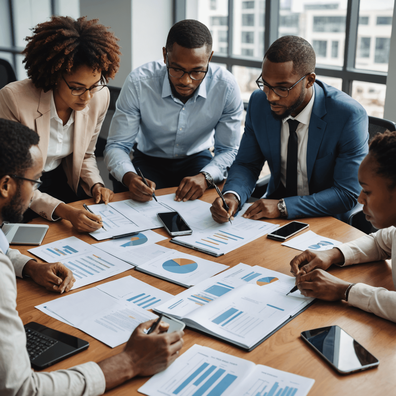 A group of diverse South African business consultants collaborating around a table with financial documents and laptops