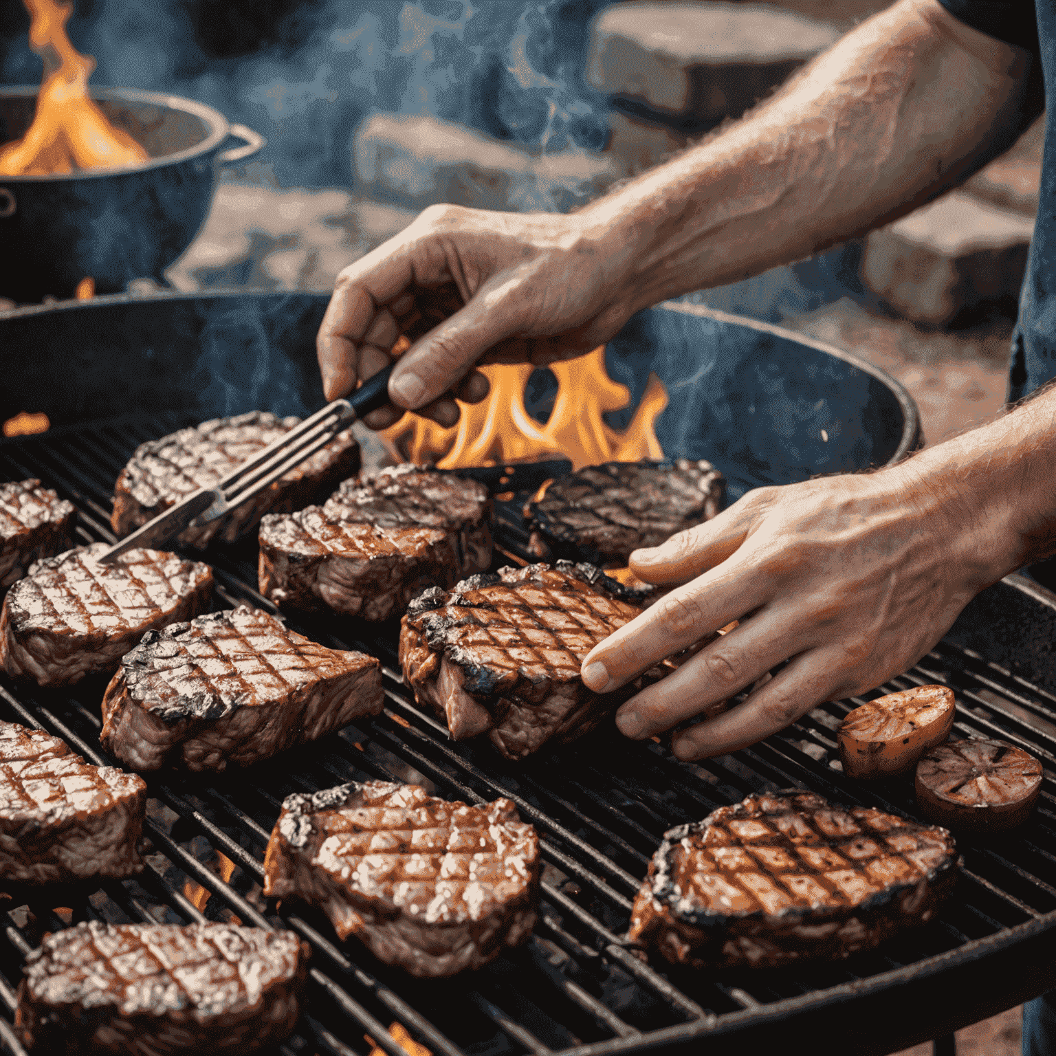 A close-up of a person's hands skillfully preparing meat on a braai grill, with flames and smoke in the background.