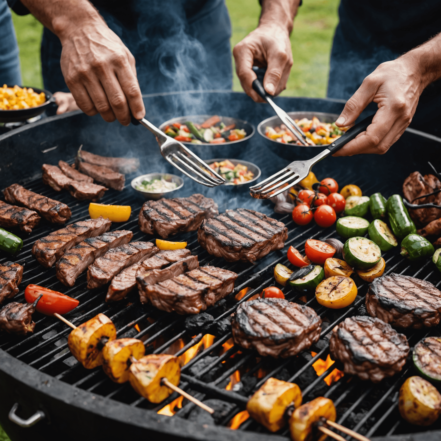 A close-up shot of a person's hands skillfully grilling various meats and vegetables on a braai, with wisps of smoke rising from the hot coals