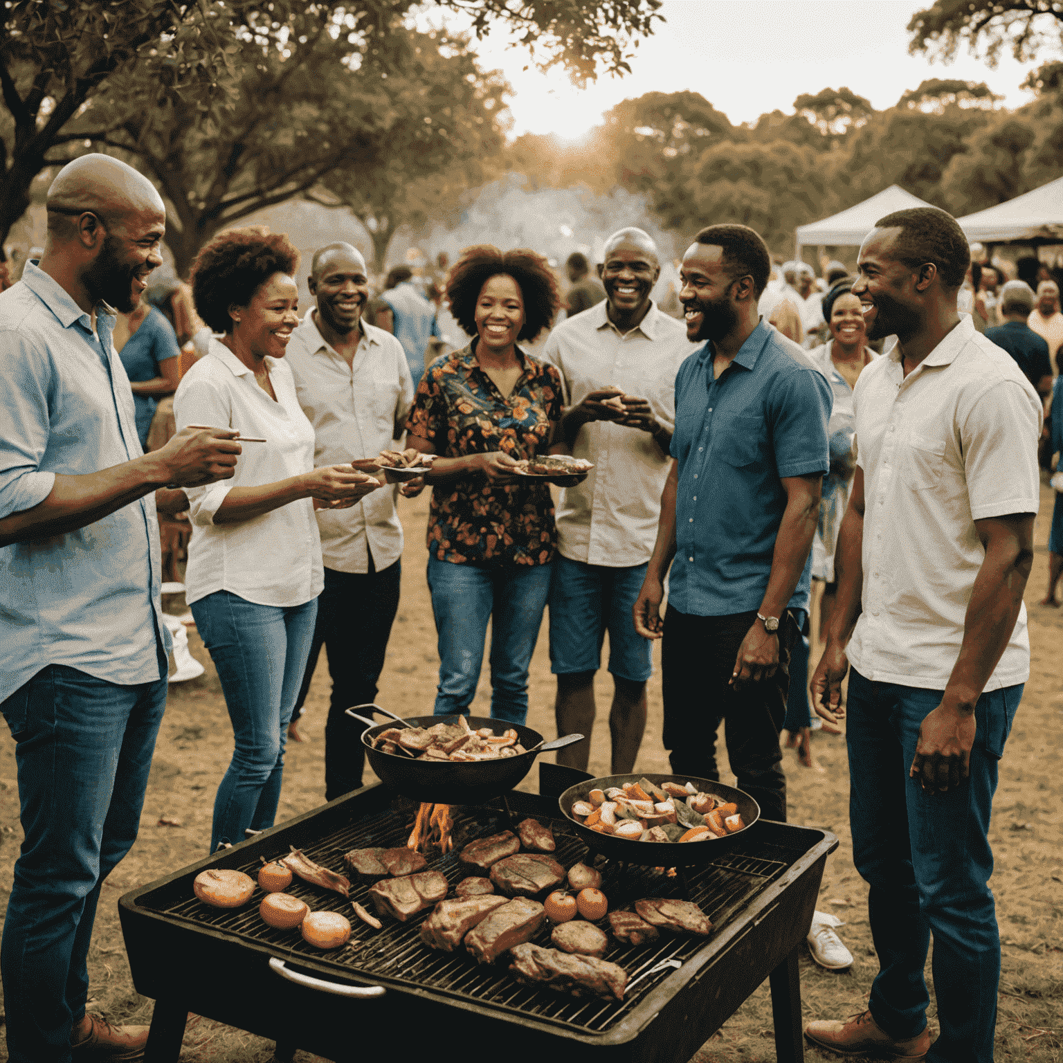 A large group of diverse South African people gathered around a braai, cooking meat and enjoying conversation together. The atmosphere is festive and joyful.