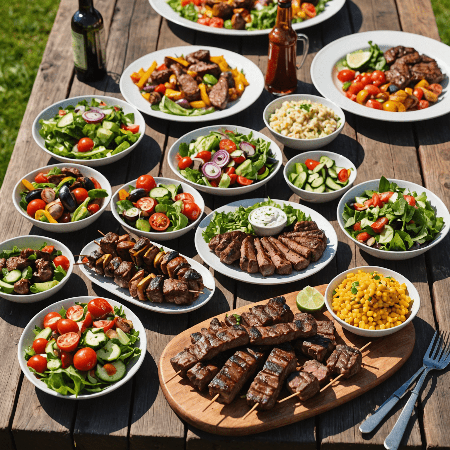 A delicious spread of various braai dishes including boerewors, steak, chicken, vegetable skewers, and salads, beautifully arranged on a wooden table outdoors with a braai grill in the background