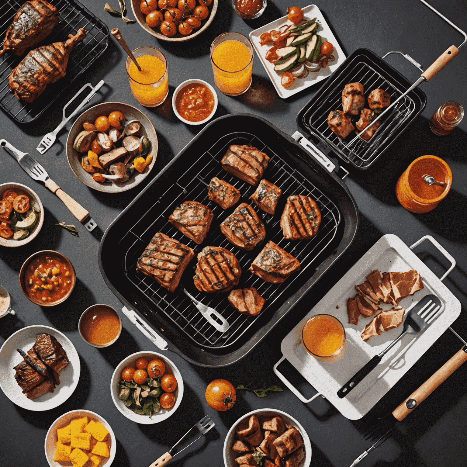 A spread of essential braai equipment including a grill, tongs, spatula, basting brush, skewers, and a cooler filled with drinks and marinated meats.