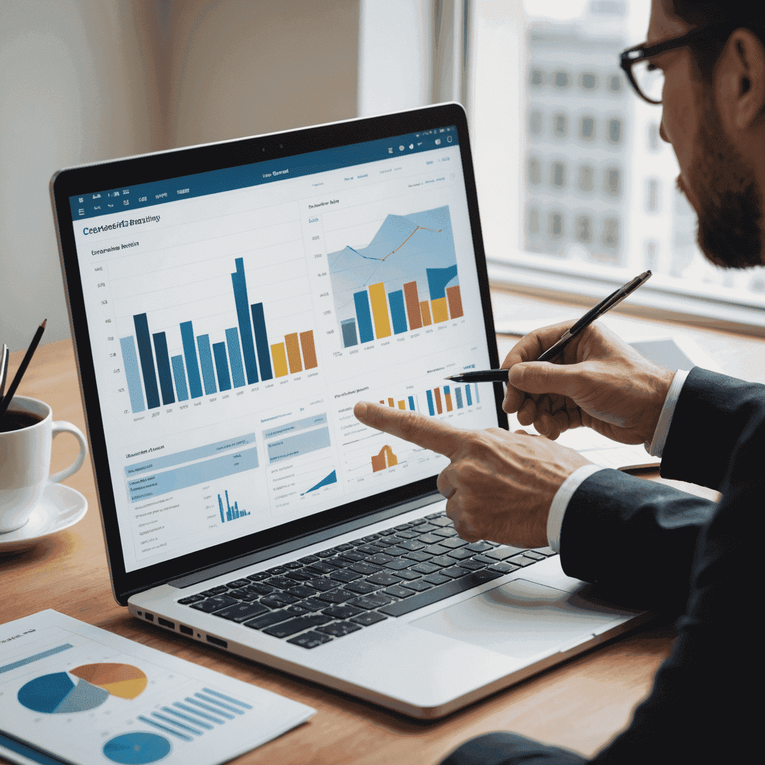 A financial advisor discussing an investment portfolio with a client, pointing at graphs and charts on a laptop screen