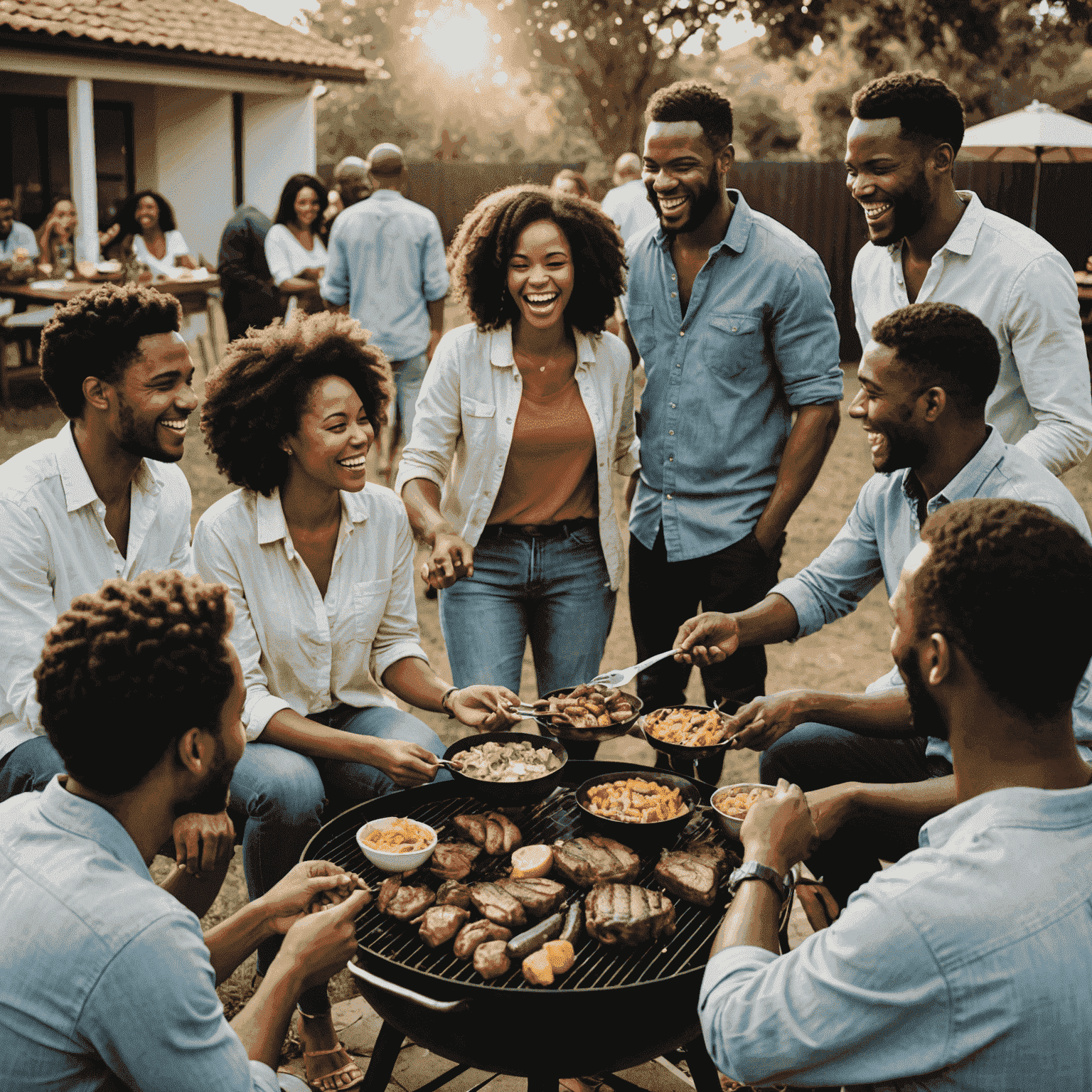 A diverse group of people gathered around a braai, laughing, sharing food, and enjoying each other's company.