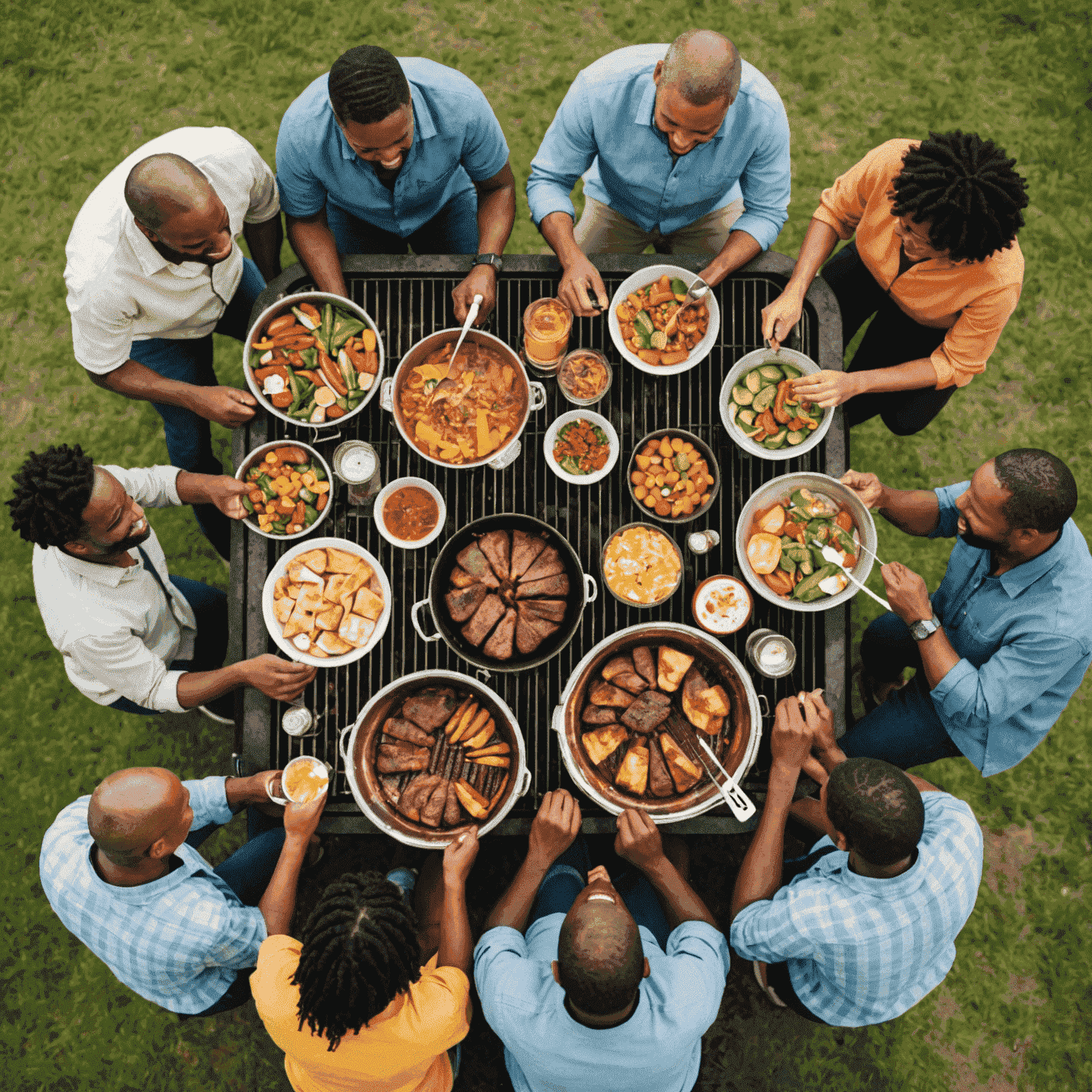 An overhead view of a diverse group of people gathered around a braai, laughing, sharing food, and enjoying each other's company