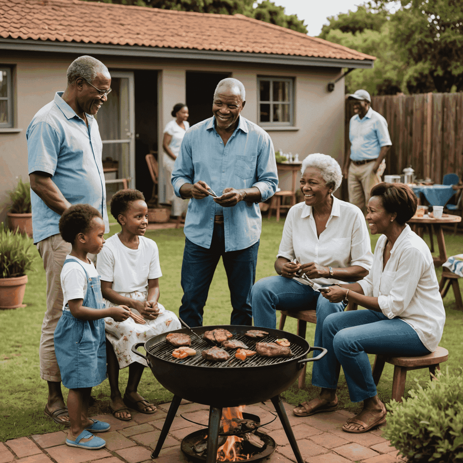 A multi-generational South African family gathered around a braai in their backyard, the adults cooking and chatting while kids play nearby. The scene conveys warmth, love and family togetherness.