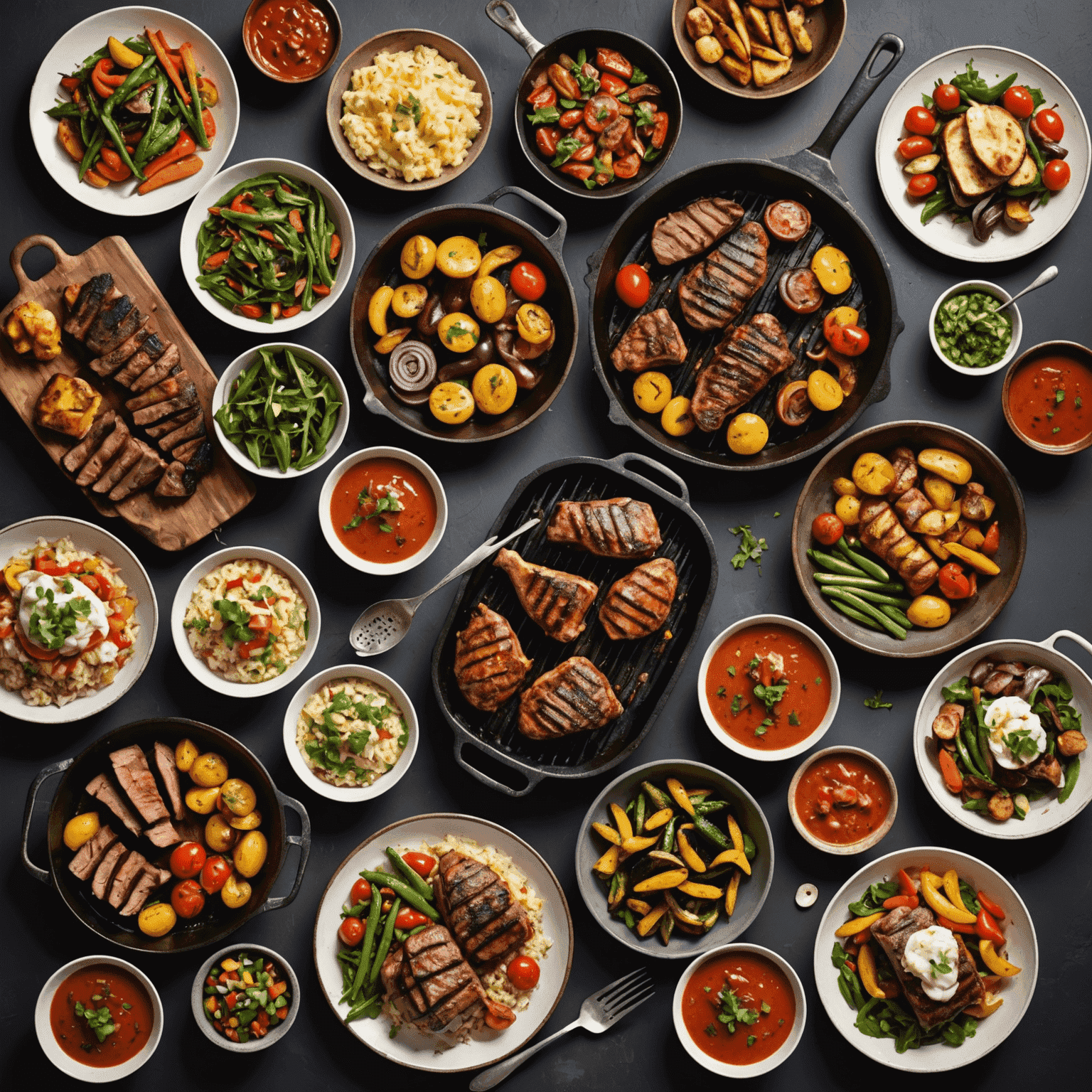 A collage of various delicious braai dishes, including grilled meats, vegetables, and traditional South African sides