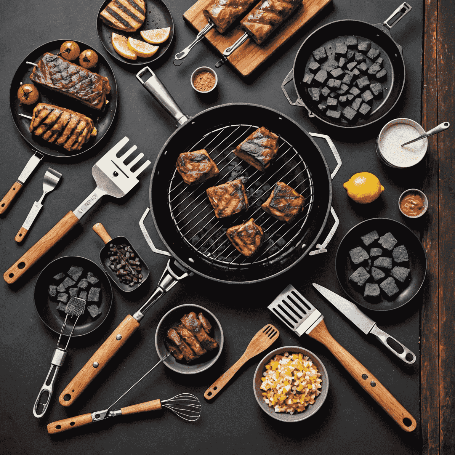 An assortment of essential braai equipment, including a grill, tongs, spatula, basting brush, and coal starter