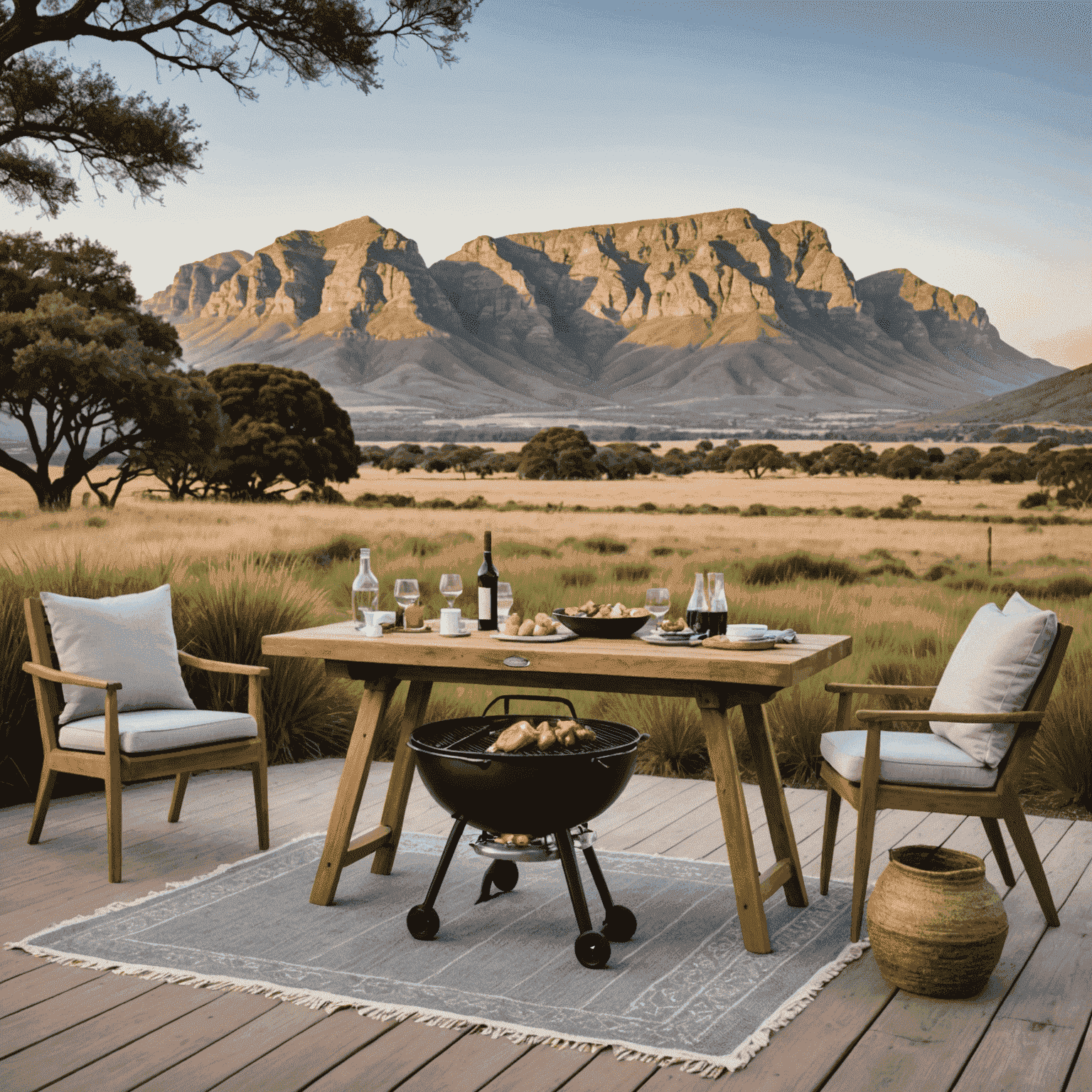 A picturesque outdoor setting with a braai set up, surrounded by stunning South African landscapes, such as mountains or coastline